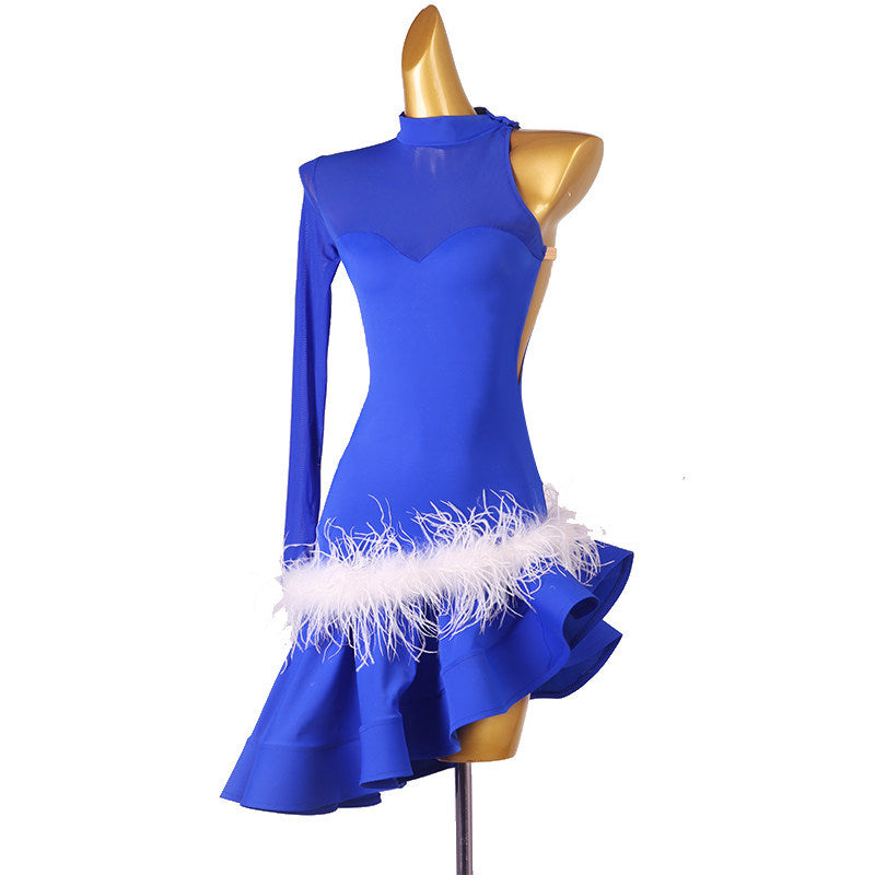 Blue feather hem latin dance dress angled view showing the flounce