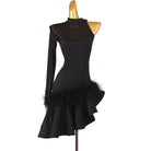 Black latin dance dress with black marabou feather trimmed flounce hem