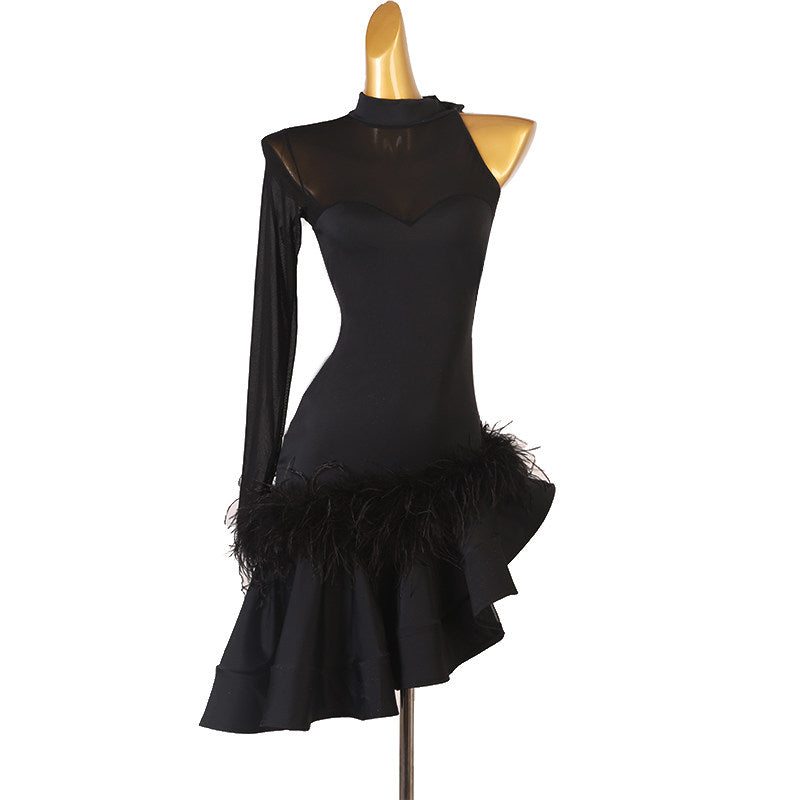 Black latin dance dress with black marabou feather trimmed flounce hem