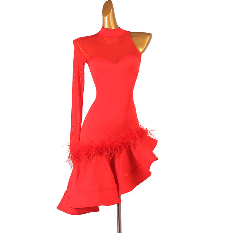 Red latin dance dress with marabou feather hem and asymmetric flounce