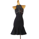 Black latin dance dress with a crystal web bib over sheer mesh shoulders