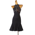 Black crystal web latin dance dress angled view with the fluted hem