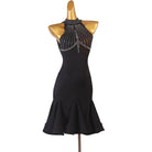 Black crystal web latin dance dress side view showing the collar band