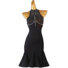 Black crystal web latin dance dress front view with the skirt flared