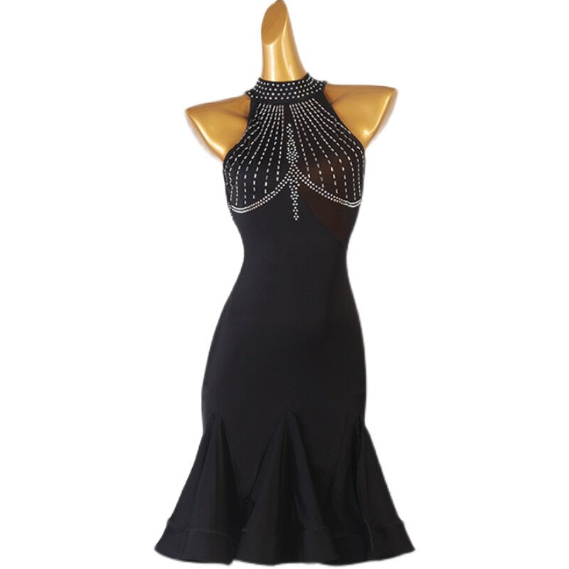 Black crystal web latin dance dress front view with the skirt flared