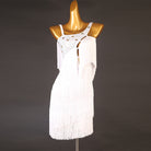 White tiered fringe latin dance dress with stone set shoulder strap