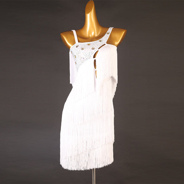 White tiered fringe latin dance dress with stone set shoulder strap
