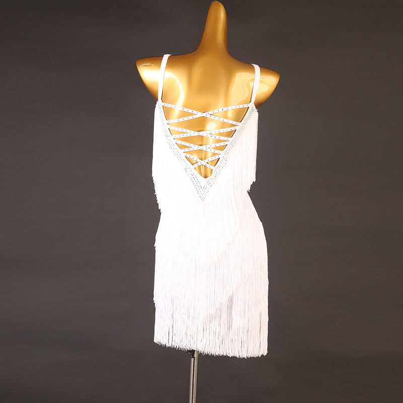 White tiered fringe latin dance dress rear view showing the corset lacing