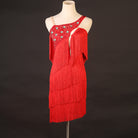 Red tiered fringe latin dance dress with stone set strap and fringe tiers