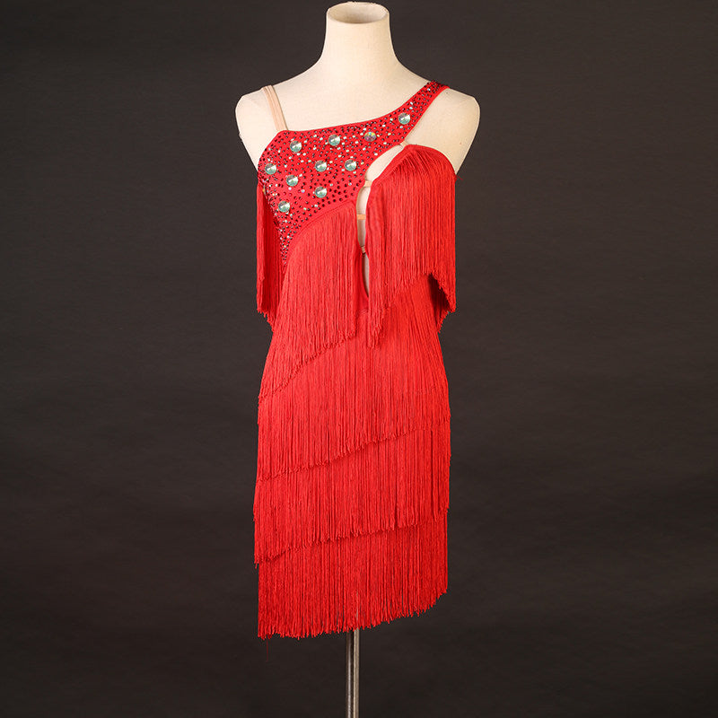 Red tiered fringe latin dance dress with stone set strap and fringe tiers