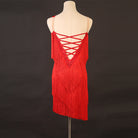 Red tiered fringe latin dance dress rear view with the laced back
