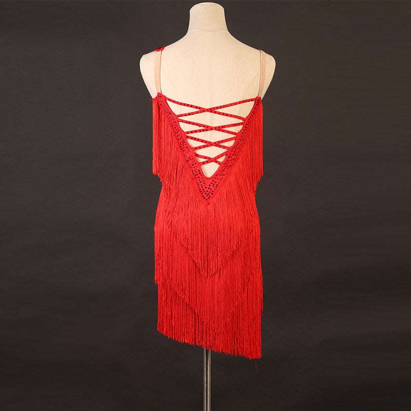 Red tiered fringe latin dance dress rear view with the laced back