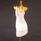 White draped mesh latin dance dress rear view showing the open back