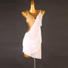 White draped mesh latin dance dress angled view with the gathered wrap