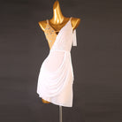 White draped mesh latin dance dress side view showing the mesh folds
