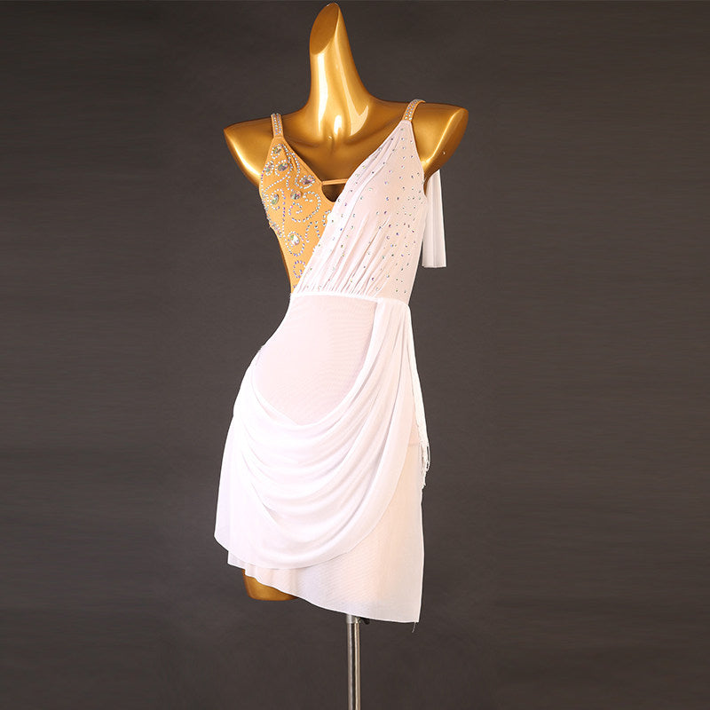 White draped mesh latin dance dress side view showing the mesh folds