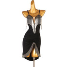 Black latin dance dress with silver bead fringe and ruched centre front