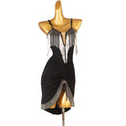 Black silver bead latin dance dress angled view showing the front split