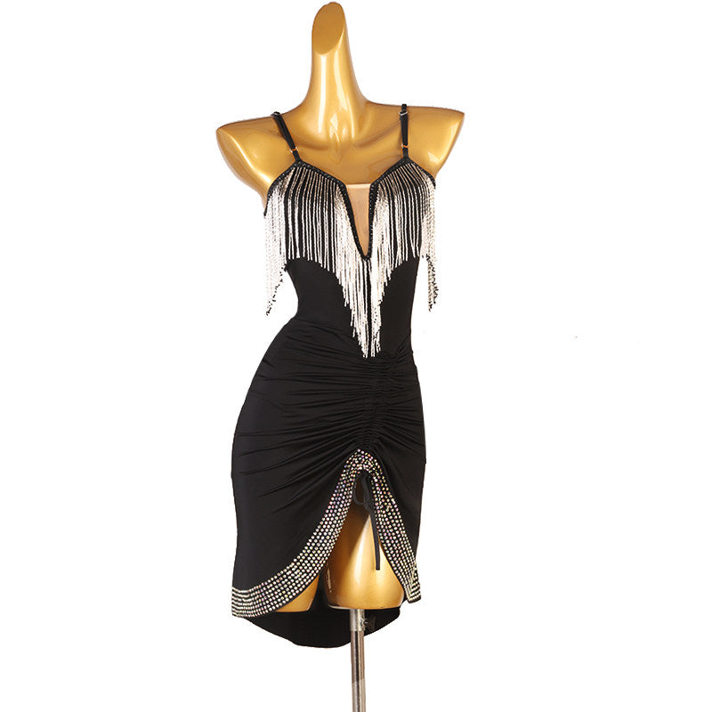Black silver bead latin dance dress angled view showing the front split