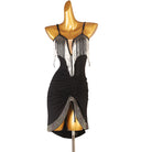 Black silver bead latin dance dress side view with the beaded hem edge
