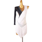 Black and white latin dance dress with stone sash and white fringe wrap skirt