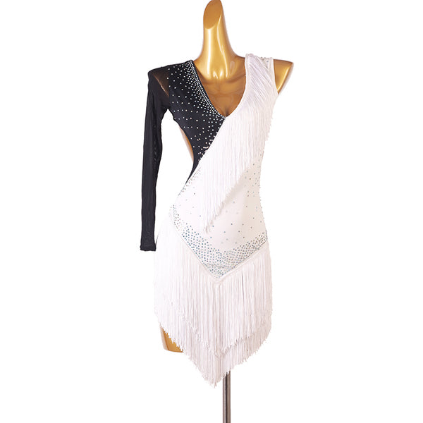Black and white latin dance dress with stone sash and white fringe wrap skirt