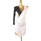 Black and white latin dance dress angled view showing the diagonal sash