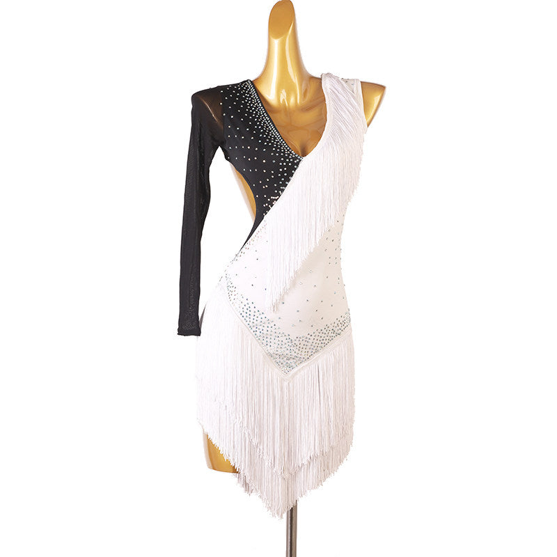 Black and white latin dance dress angled view showing the diagonal sash