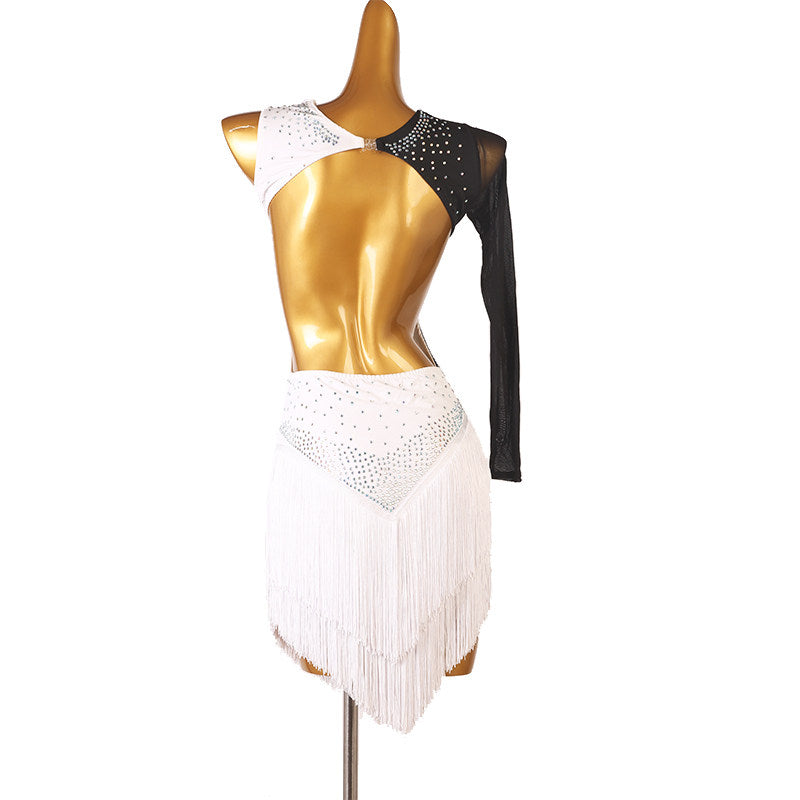 Black and white latin dance dress side view with the fringe wrap