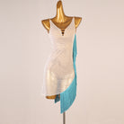 White stone set mesh latin dance dress with turquoise fringe down one side