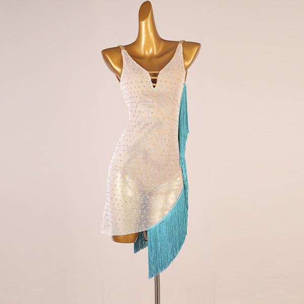 White stone set mesh latin dance dress with turquoise fringe down one side