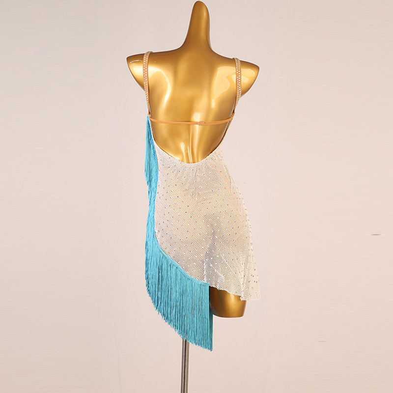 White stone mesh latin dance dress rear view showing the deep open back