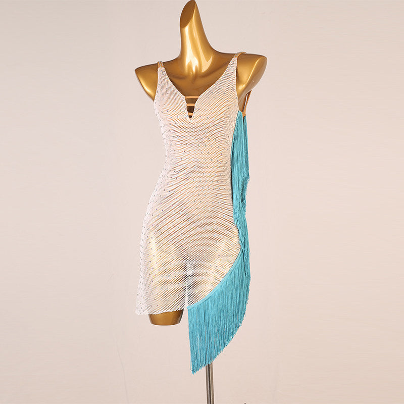White stone mesh latin dance dress angled view with the diagonal hem