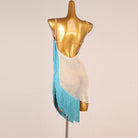 White stone mesh latin dance dress side view showing the turquoise fringe