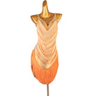 Apricot latin dance dress with stone edged cowl drape and orange fringe hem