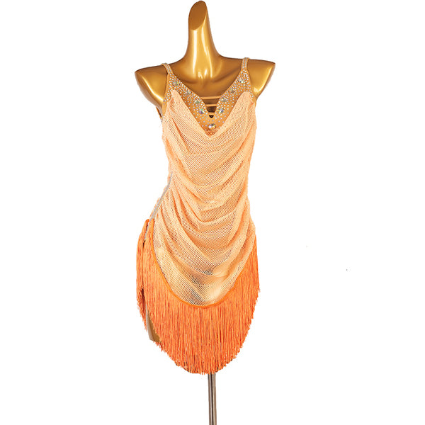 Apricot latin dance dress with stone edged cowl drape and orange fringe hem