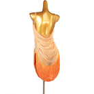 Apricot ombre fringe latin dance dress angled view showing the drape