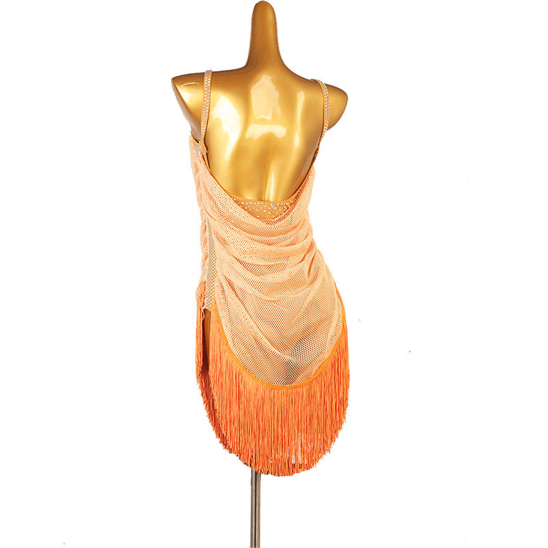 Apricot ombre fringe latin dance dress angled view showing the drape