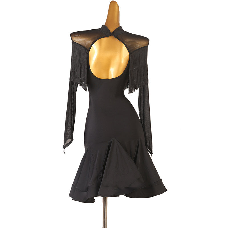 Black fringe cape latin dance dress rear view showing the keyhole back