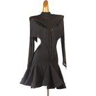 Black fringe cape latin dance dress angled view with the fluted hem