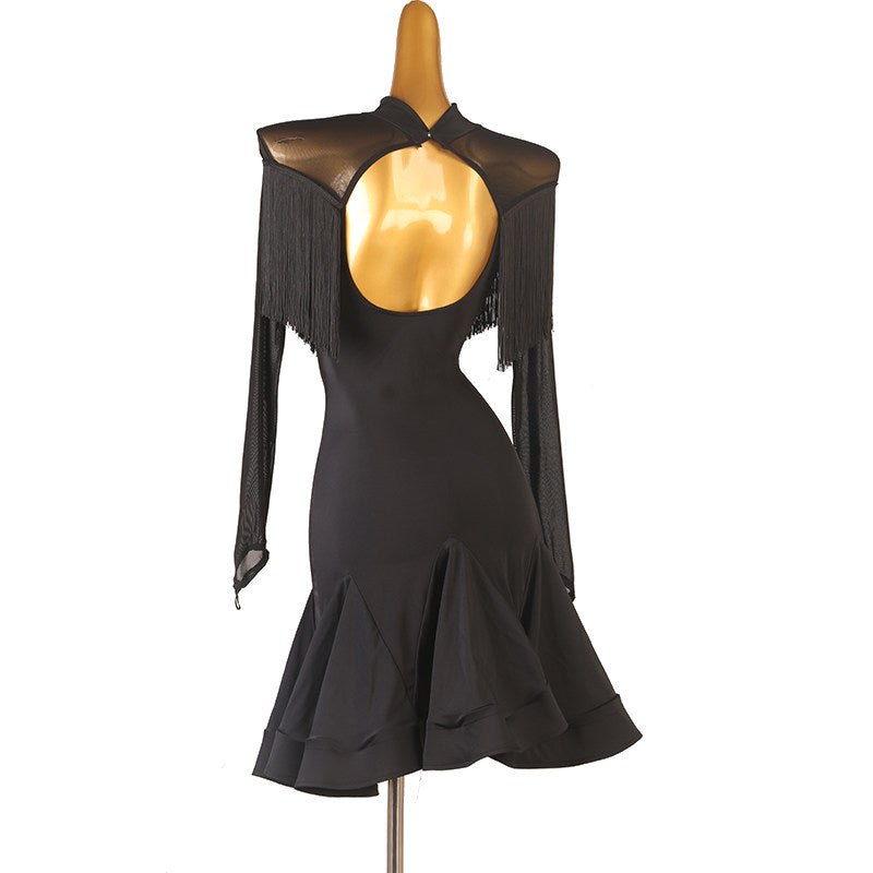 Black fringe cape latin dance dress side view showing the fringed sleeve