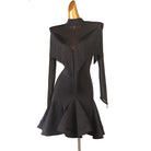 Black fringe cape latin dance dress front view with the sheer yoke