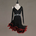 Black crystal waist latin dance dress with red edged organza ruffle skirt