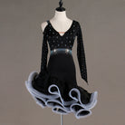 Black crystal waist latin dance dress side view with the white ruffle edge