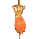 Orange petal fringe latin dance dress angled view showing the fringe petals