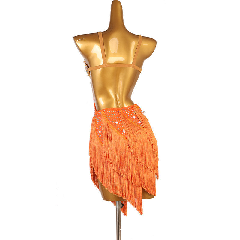 Orange petal fringe latin dance dress angled view showing the fringe petals