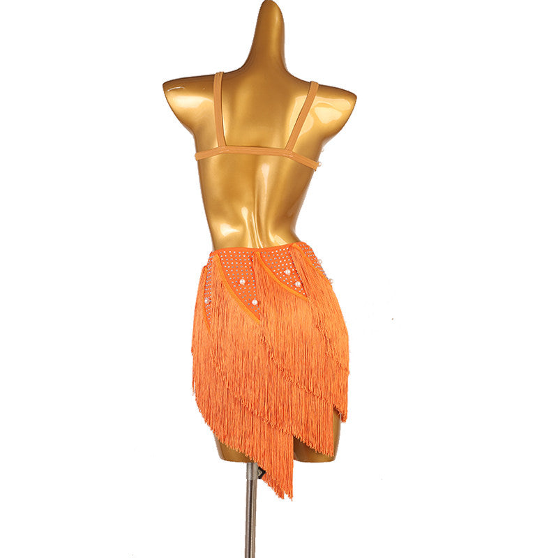 Orange petal fringe latin dance dress rear view with the deep open back