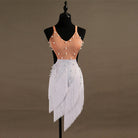 White latin dance dress with nude stone yoke and petal cut fringe hem