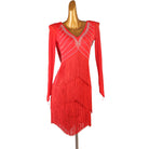 Red layered fringe latin dance dress angled view showing the fringe rows