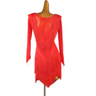 Red layered fringe latin dance dress rear view with the open back